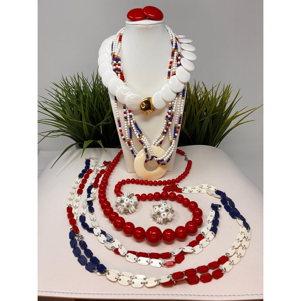 Vintage Designer Jewelry Lot Laguna Trifari Monet Red White Blue Signed Jewelry